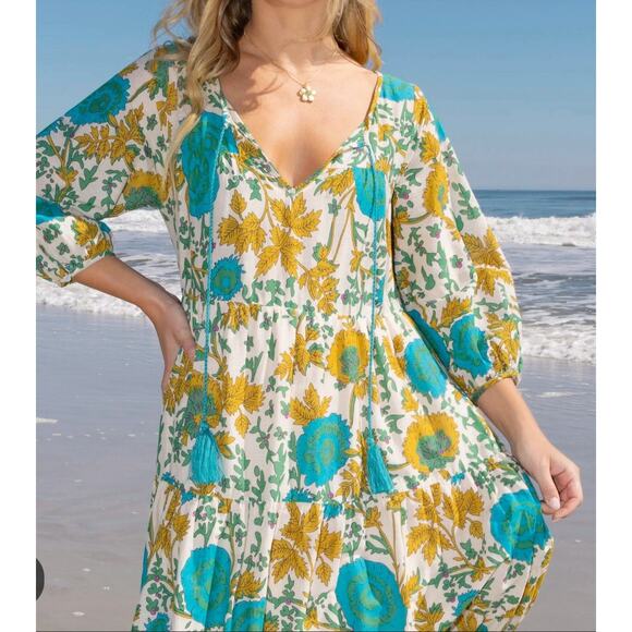 NATURAL LIFE Auguste Cream Green Border 100% Cotton Boho Maxi Dress Sz M - Picture 2 of 16